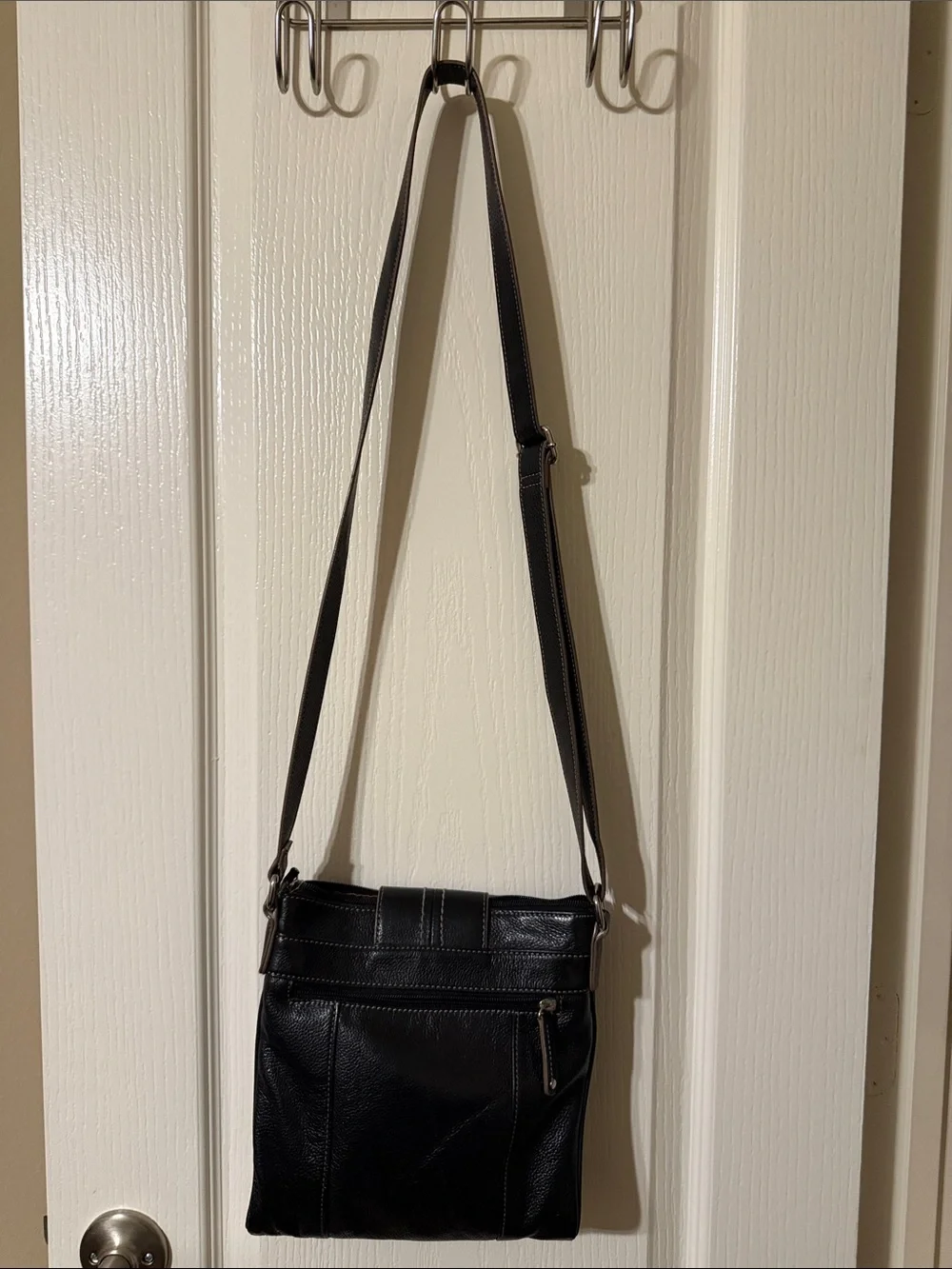 Tignanello Black Leather Crossbody Messenger with Contrast Stitching